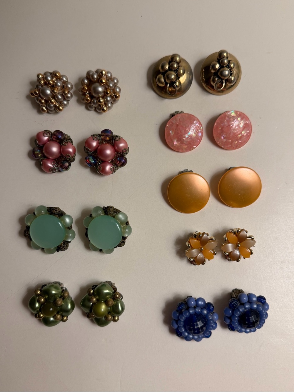 Vintage Women's Clip-On Earrings Set of 9 - Pink, Gold, Green, Blue, Orange